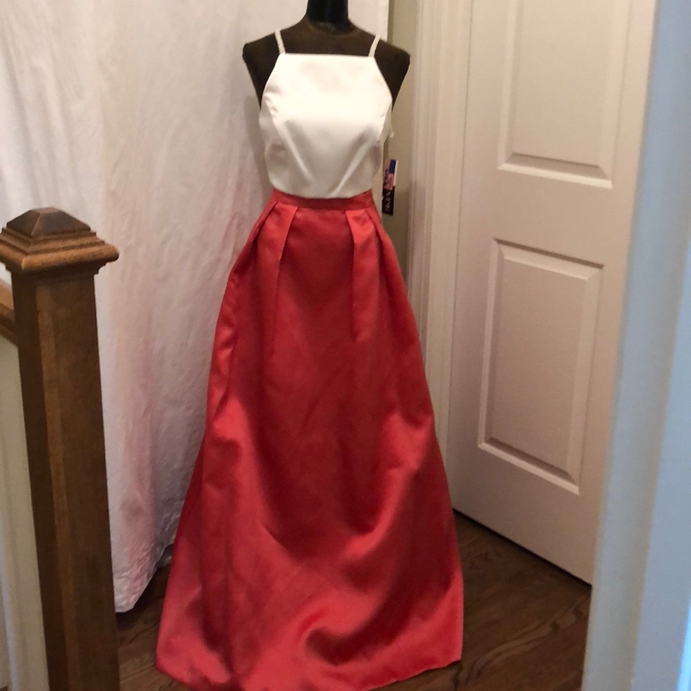 Xscape White Bodice Red Satin A-Line Prom Dress
